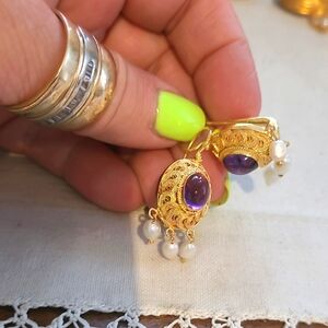 Gold Over Sterling Real Pearl And Amethyst Earrings 40-year-old New Old Stock